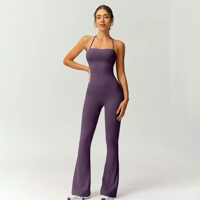 TIMEOFF Women's Halter Neck High Waist Butt Lifting Bodycon Flared Leg Yoga Jumpsuit - Stretchable Solid Color Athleisure Activewear, Trending Clothes for Women for Gym & Fashion Outfits (Athleisure Style, Solid Color Jumpsuit),summerwins