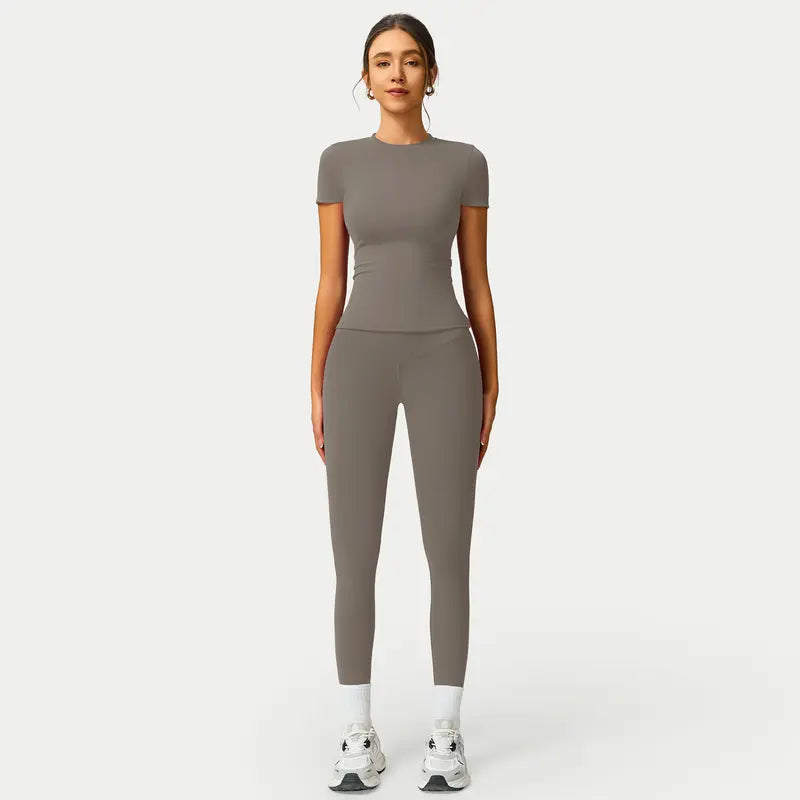 TIMEOFF Women's 2-Piece Sets Gym Workout Set - Sporty Round Neck Quick-Dry Snug Compression Cherry Print Tee, High Waisted Athletic Leggings with Extended Hemline, Breathable Sportswear for Yoga, Gym, Workout Sets For Women