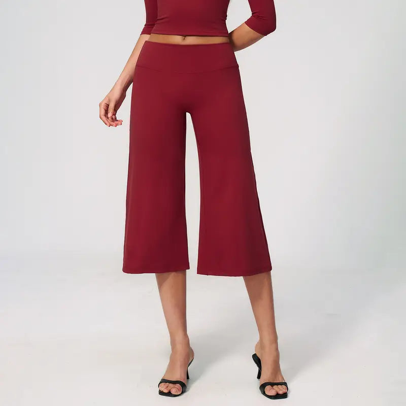 TIMEOFF Women's High Waist V‑Shaped Back Cropped Wide Leg Capris - Butt‑Lifting Sculpt Design, 4‑Way Stretchy Breathable Fabric, 5 Colors Available | Tummy Control, Non‑Restrictive Fit, Wrinkle‑Resistant | Ideal for Yoga, Casual Wear & Daily Loungewear