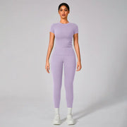 TIMEOFF Women's 2-Piece Sets Gym Workout Set - Sporty Round Neck Quick-Dry Snug Compression Cherry Print Tee, High Waisted Athletic Leggings with Extended Hemline, Breathable Sportswear for Yoga, Gym, Workout Sets For Women