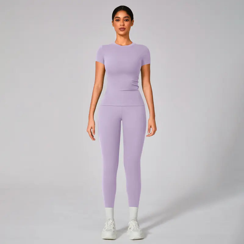 TIMEOFF Women's 2-Piece Sets Gym Workout Set - Sporty Round Neck Quick-Dry Snug Compression Cherry Print Tee, High Waisted Athletic Leggings with Extended Hemline, Breathable Sportswear for Yoga, Gym, Workout Sets For Women