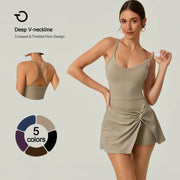 TIMEOFF Women's 2-Piece Solid Color Cross-Back Tank Romper & Sports Skirt Set - High-Stretch Spandex, Cheerleader Style Lace-Up, Gym Yoga Workout Attire, Women's Fashion Clothes, Workout Sets