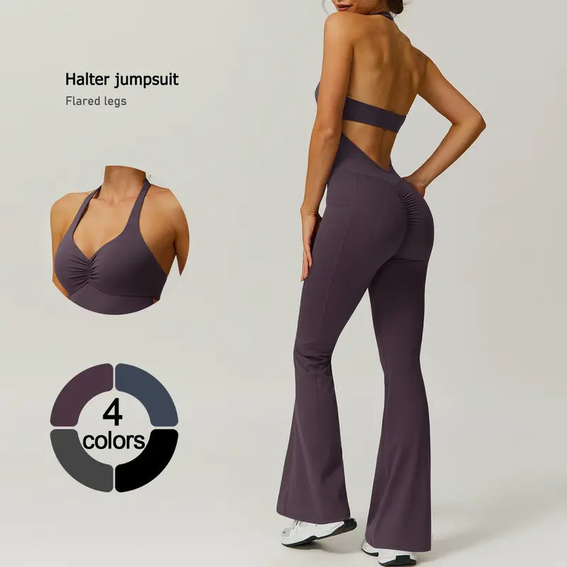 TimeOFF Women's Halter Neck Jumpsuit , Folded Chest, Flared Legs, Butt-Lifting Design , Yoga, Gym & Outdoor Activewear Fitness Outfits Workout Apparel, Solid Color Jumpsuit, Sportswear Jumpsuits