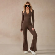 TimeOFF Women's Long-Sleeve Lace-Trim Halter Jumpsuit, Deep V-Neck & Flared Pant Hem, Solves Stylish Support & Flexible Fit Need for Yoga, Dance Workouts & Fashion-Forward Fitness Sessions,jumpsuit women jumpsuit for women