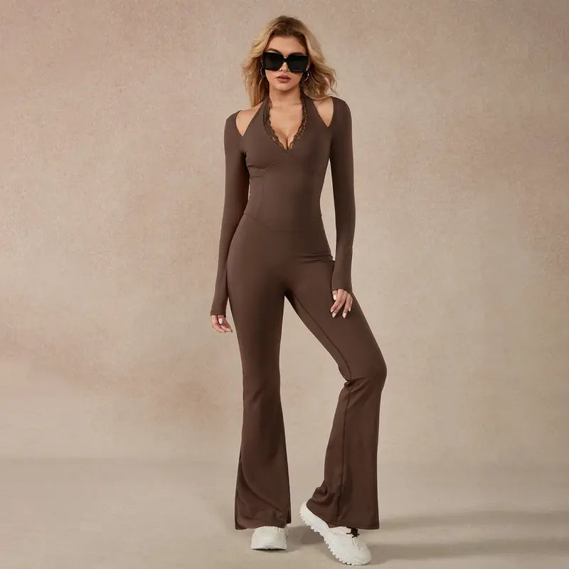 TimeOFF Women's Long-Sleeve Lace-Trim Halter Jumpsuit, Deep V-Neck & Flared Pant Hem, Solves Stylish Support & Flexible Fit Need for Yoga, Dance Workouts & Fashion-Forward Fitness Sessions,jumpsuit women jumpsuit for women