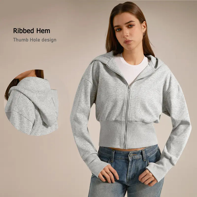 TIMEOFF Women's Cropped Hooded Zip-Up Long Sleeve Gym Jacket - Cozy Fitness Outerwear, Sportswear for Casual Daily Use, Athletic Zip-Up Jackets