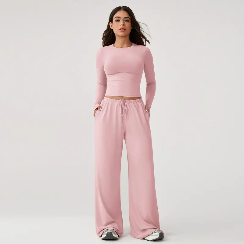 TIMEOFF Women's 2-Piece Stretchy Activewear Set - Long-Sleeve Crop Top & Wide-Leg Pants, Gym Outfit, Athletic Wear, Fitness Sport Outfits, Workout Sets for Women, Two Piece Set