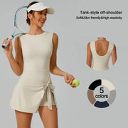 TIMEOFF Women's Off-Shoulder U-Back Workout Dress - Sleeveless, Side-Tie, Built-In Shorts, Soft Stretchy Skin-Friendly Fabric, Ideal for Gym, Yoga Stretch (Sports Sleeveless Dress with Built-In Shorts), Active Dress