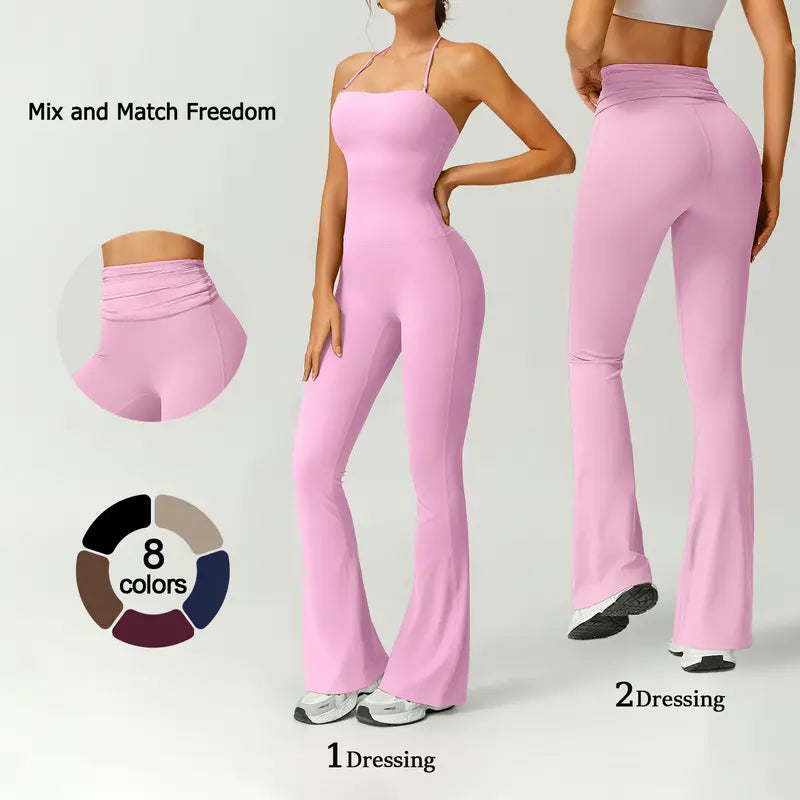 TIMEOFF Women's Halter Neck High Waist Butt Lifting Bodycon Flared Leg Yoga Jumpsuit - Stretchable Solid Color Athleisure Activewear, Trending Clothes for Women for Gym & Fashion Outfits (Athleisure Style, Solid Color Jumpsuit),summerwins