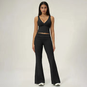 TIMEOFF Women's 2-Piece Yoga Outfits - V-Neck Sleeveless Wrap Crop Workout Top & Fold-Over Dual-Wear Waist Flare Pants, Soft 4-Way Flexible Stretch Fabric, Adjustable Fit Women's Clothes for Pilates, Gym, Set Active