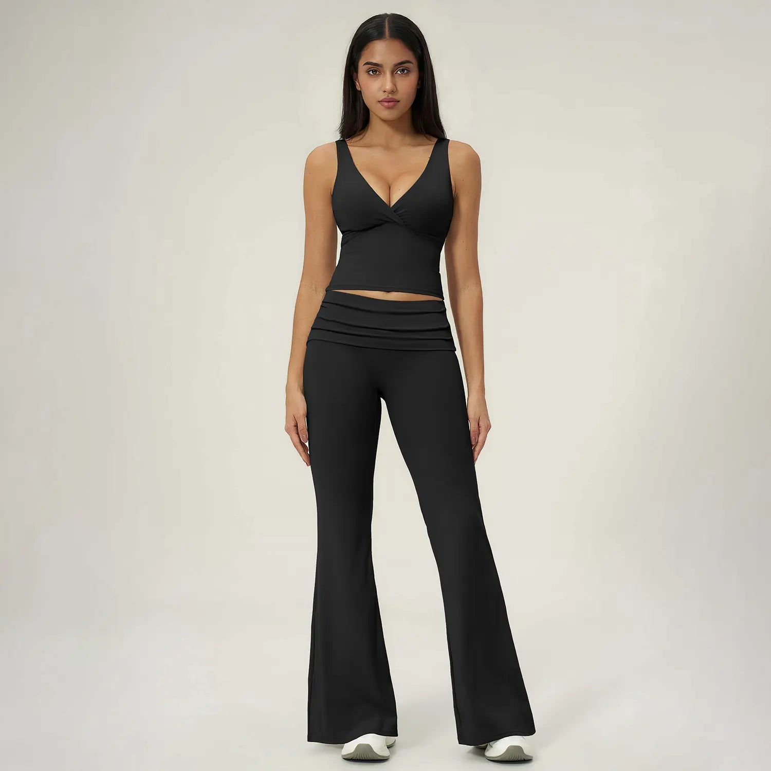 TIMEOFF Women's 2-Piece Yoga Outfits - V-Neck Sleeveless Wrap Crop Workout Top & Fold-Over Dual-Wear Waist Flare Pants, Soft 4-Way Flexible Stretch Fabric, Adjustable Fit Women's Clothes for Pilates, Gym, Set Active