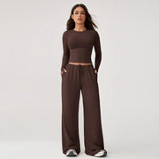 TIMEOFF Women's 2-Piece Stretch Sweatsuit, Solid Cute Clothes Set with Long Sleeve Crop Top and Wide-Leg Pants for Yoga, Sweats