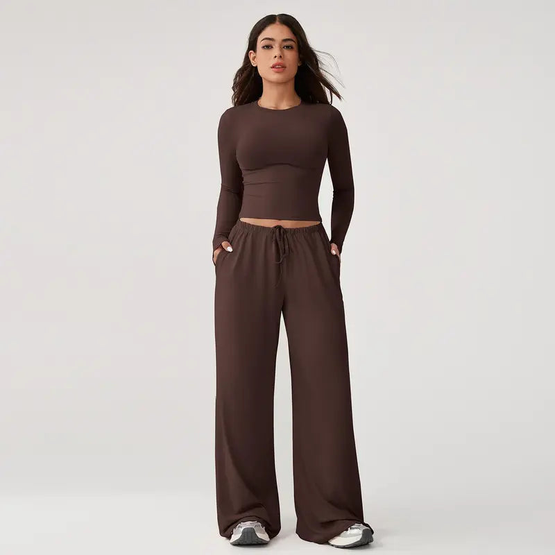 TIMEOFF Women's 2-Piece Stretch Sweatsuit, Solid Cute Clothes Set with Long Sleeve Crop Top and Wide-Leg Pants for Yoga, Sweats