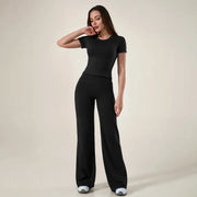 TimeOFF Women's 2-Piece Short Sleeve Workout Set - Fitted Crop Top & High Waist Wide Leg Pants, 4-Way Stretch Soft Fabric, Butt-Lifting Sculpt Seam, Tummy Control, Non-Ride Up, Breathable, Ideal for Yoga, Gym, Women's Clothes, 2 Piece Sets