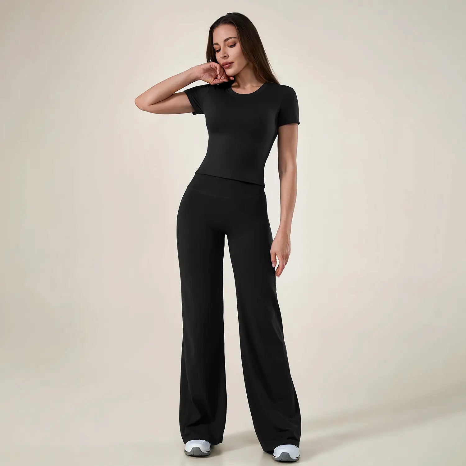 TimeOFF Women's 2-Piece Short Sleeve Workout Set - Fitted Crop Top & High Waist Wide Leg Pants, 4-Way Stretch Soft Fabric, Butt-Lifting Sculpt Seam, Tummy Control, Non-Ride Up, Breathable, Ideal for Yoga, Gym, Women's Clothes, 2 Piece Sets