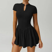 TIMEOFF Women's Short Sleeve Zip-Up Mock Neck Athletic Romper with Flared Skirt - Sporty Chic Dress, Athleisure Tennis Attire, Women's Clothing for Summer Fitness,summerwins