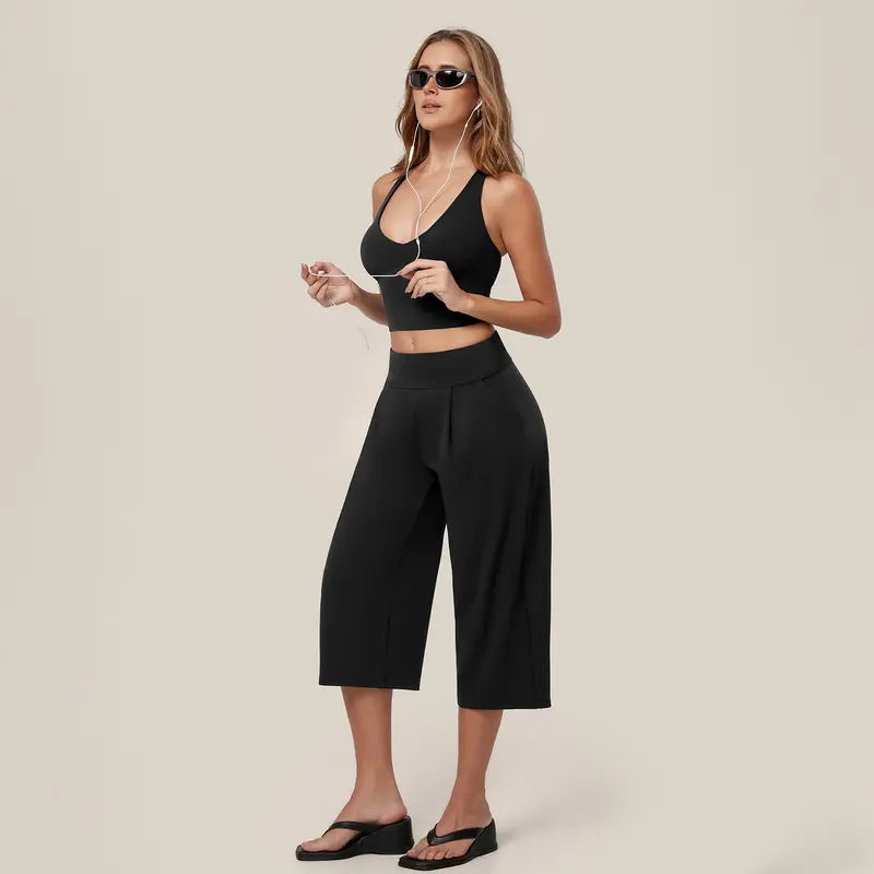 TIMEOFF Women's 2 Piece Active Outfit, Crisscross Back V-Neck Crop Sports Bra & High Waist Pocket Culottes, Soft Stretchy Fabric, Convenient Storage for Yoga, Workout & Daily Casual Streetwear summerwins