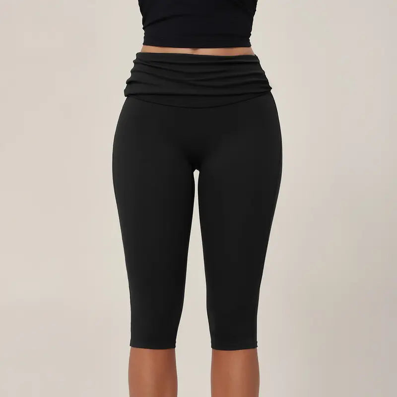 TIMEOFF Women's Fold‑Over Waist Knee‑Length Leggings - Two‑Way Wearable, Butt‑Lifting Design, Stretchy Breathable Fabric | Tummy Control, Non‑Slip, No Ride‑Up | Ideal for Yoga, Gym, Running & Casual Wear