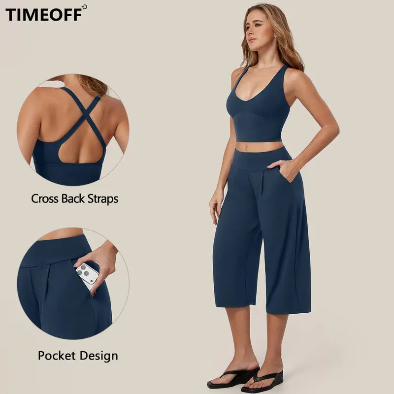 TIMEOFF Women's 2 Piece Active Outfit, Crisscross Back V-Neck Crop Sports Bra & High Waist Pocket Culottes, Soft Stretchy Fabric, Convenient Storage for Yoga, Workout & Daily Casual Streetwear summerwins
