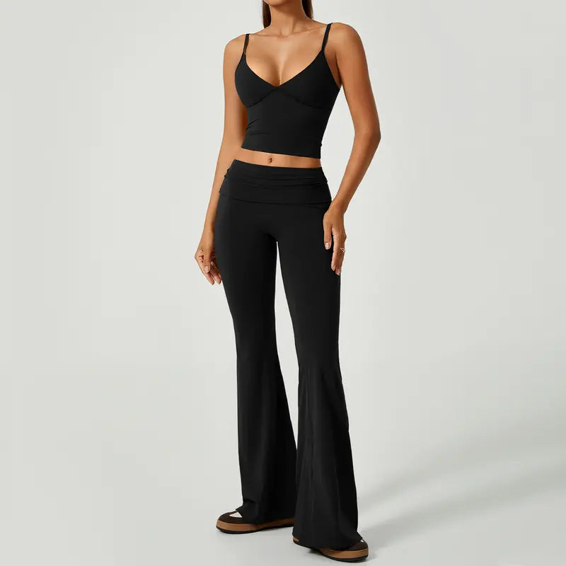 TIMEOFF Women's 2-Piece Athletic Sportswear Matching Set - Deep V Crop Cami & Flared Pants, Adjustable Minimalist Fabric, Buttock Lifting Sculpting, Back Hollow-Out, Athleisure Breathable Clothes for Yoga & Workout Daily Wear, 2 Piece Sets, Workout Sets F
