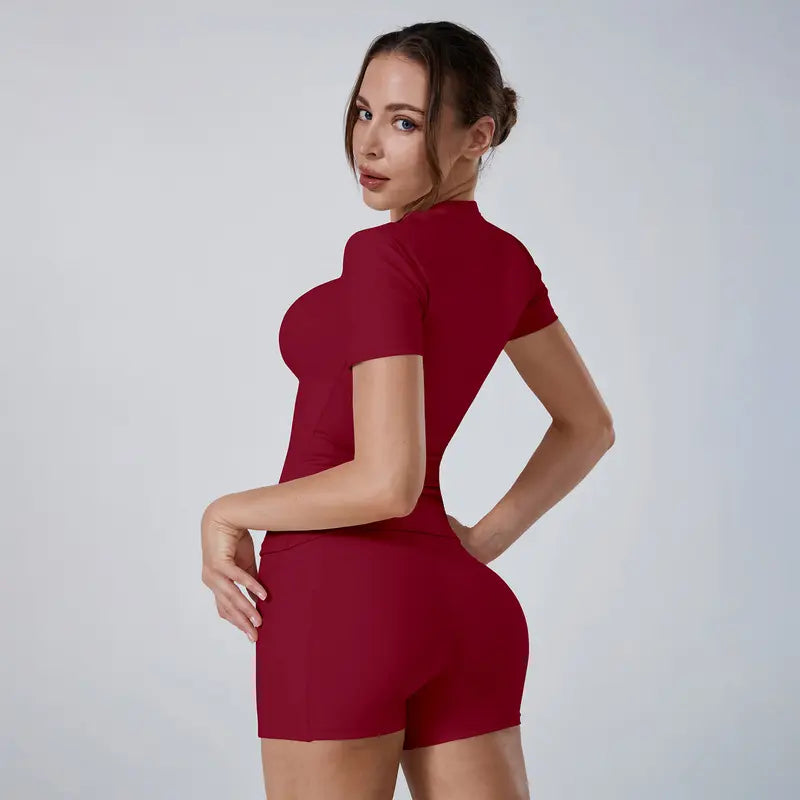 Entrenamiento Gimnasio Equipo cuello Outfits Manga corta rosa Pantalones cortos