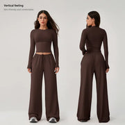 TIMEOFF Women's 2-Piece Stretch Sweatsuit, Solid Cute Clothes Set with Long Sleeve Crop Top and Wide-Leg Pants for Yoga, Sweats