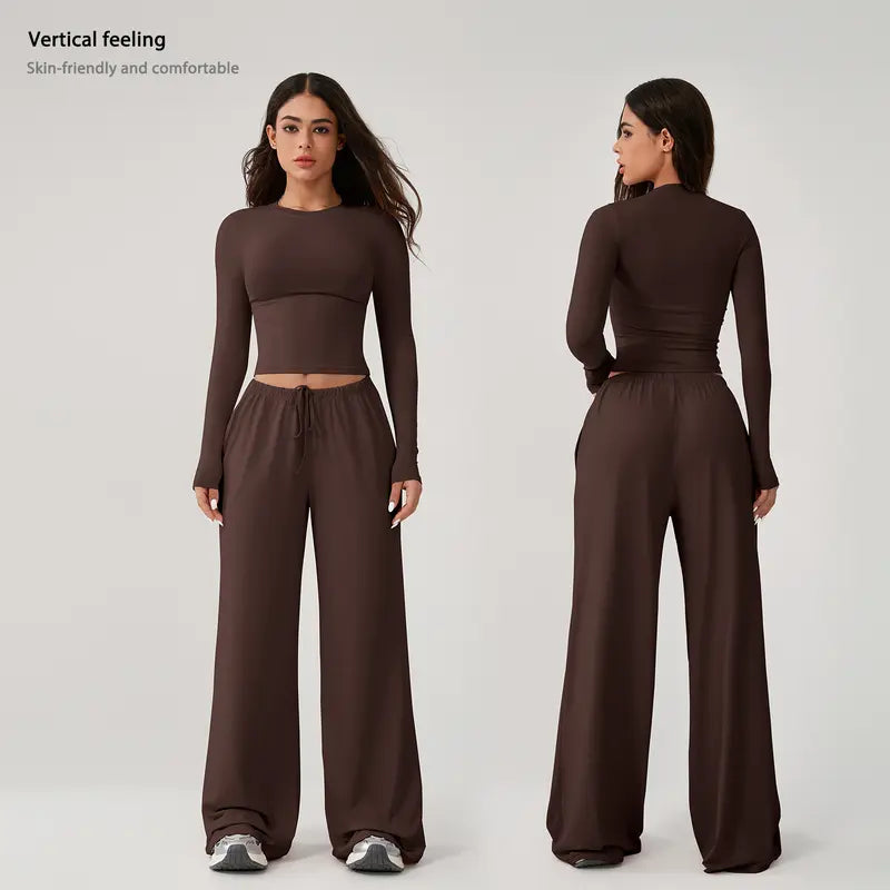 TIMEOFF Women's 2-Piece Stretch Sweatsuit, Solid Cute Clothes Set with Long Sleeve Crop Top and Wide-Leg Pants for Yoga, Sweats