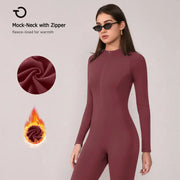 TIMEOFF Women's Long-Sleeve Fleece-Lined Mock-Neck Zip-Up Jumpsuit, Stretchy Body-Sculpting Workout Gym Clothing for Winter Yoga