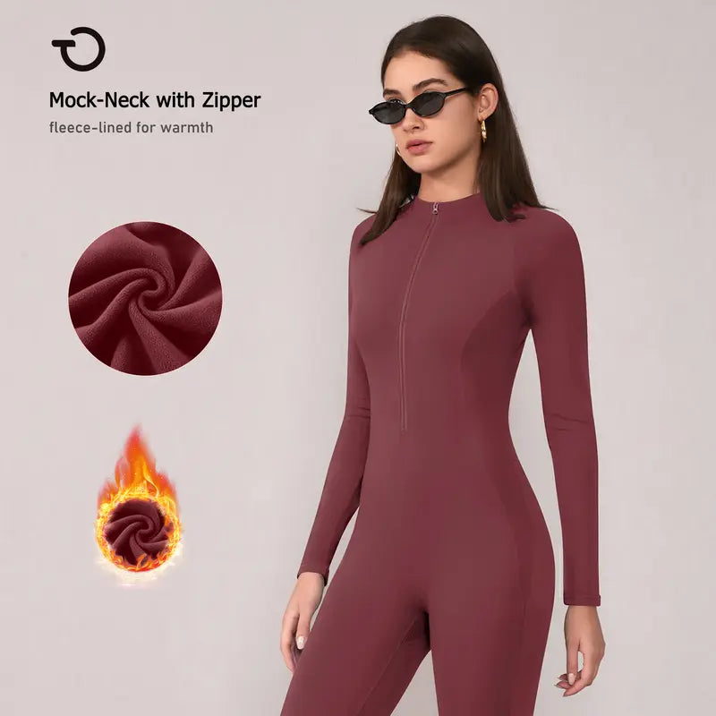 TIMEOFF Women's Long-Sleeve Fleece-Lined Mock-Neck Zip-Up Jumpsuit, Stretchy Body-Sculpting Workout Gym Clothing for Winter Yoga