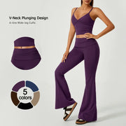 TIMEOFF Women's 2-Piece Athletic Sportswear Matching Set - Deep V Crop Cami & Flared Pants, Adjustable Minimalist Fabric, Buttock Lifting Sculpting, Back Hollow-Out, Athleisure Breathable Clothes for Yoga & Workout Daily Wear, 2 Piece Sets, Workout Sets F