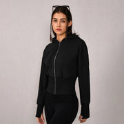 TIMEOFF Women's Cropped Hooded Zip-Up Long Sleeve Gym Jacket - Cozy Fitness Outerwear, Sportswear for Casual Daily Use, Athletic Zip-Up Jackets