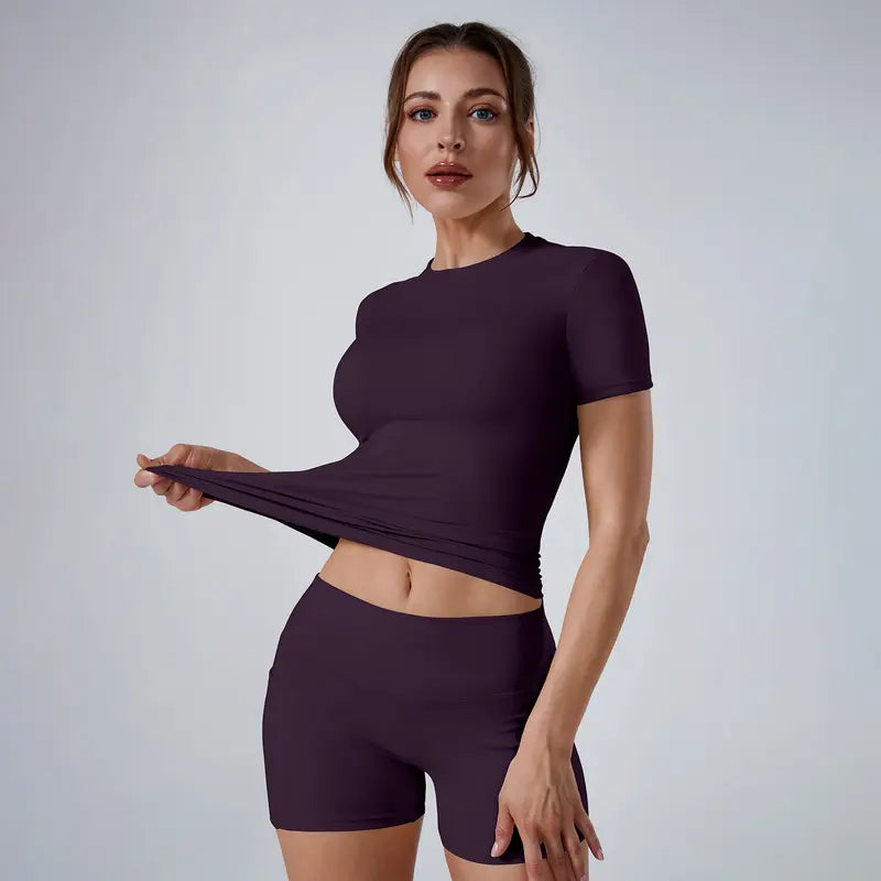 Entrenamiento Gimnasio Equipo cuello Outfits Manga corta rosa Pantalones cortos