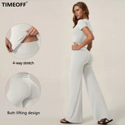 TimeOFF Women's 2-Piece Short Sleeve Workout Set - Fitted Crop Top & High Waist Wide Leg Pants, 4-Way Stretch Soft Fabric, Butt-Lifting Sculpt Seam, Tummy Control, Non-Ride Up, Breathable, Ideal for Yoga, Gym, Women's Clothes, 2 Piece Sets