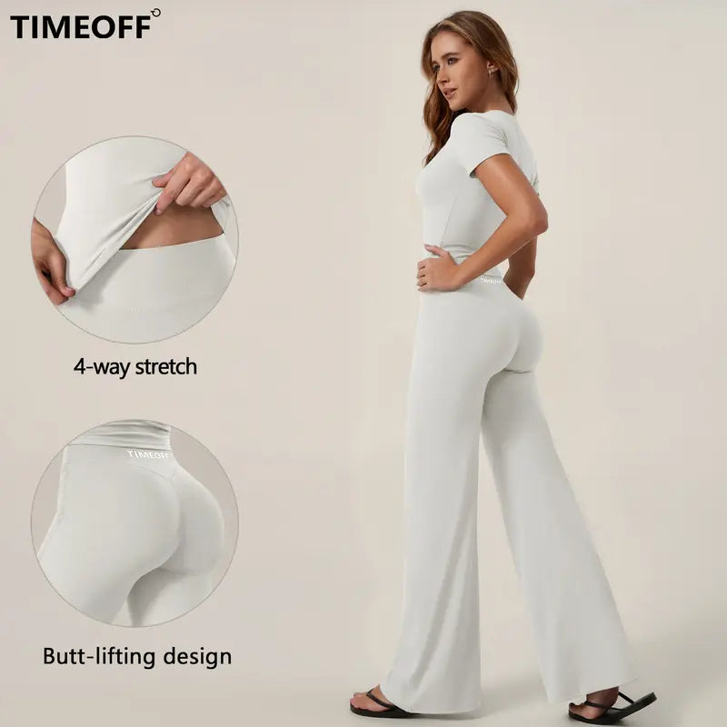 TimeOFF Women's 2-Piece Short Sleeve Workout Set - Fitted Crop Top & High Waist Wide Leg Pants, 4-Way Stretch Soft Fabric, Butt-Lifting Sculpt Seam, Tummy Control, Non-Ride Up, Breathable, Ideal for Yoga, Gym, Women's Clothes, 2 Piece Sets