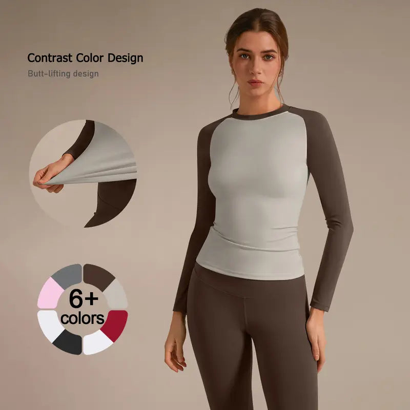 TimeOFF Women's 2-Piece Color-Block Stretchy Suit Set - Long-Sleeve Top & High-Waisted Leggings, Sporty Style Outfits, Athleisure Wear Set, Comfortable Support, Unrestricted Movement, Ideal for Yoga & Workouts, Women 2 Piece Sets, Sets For Women 2 Piece