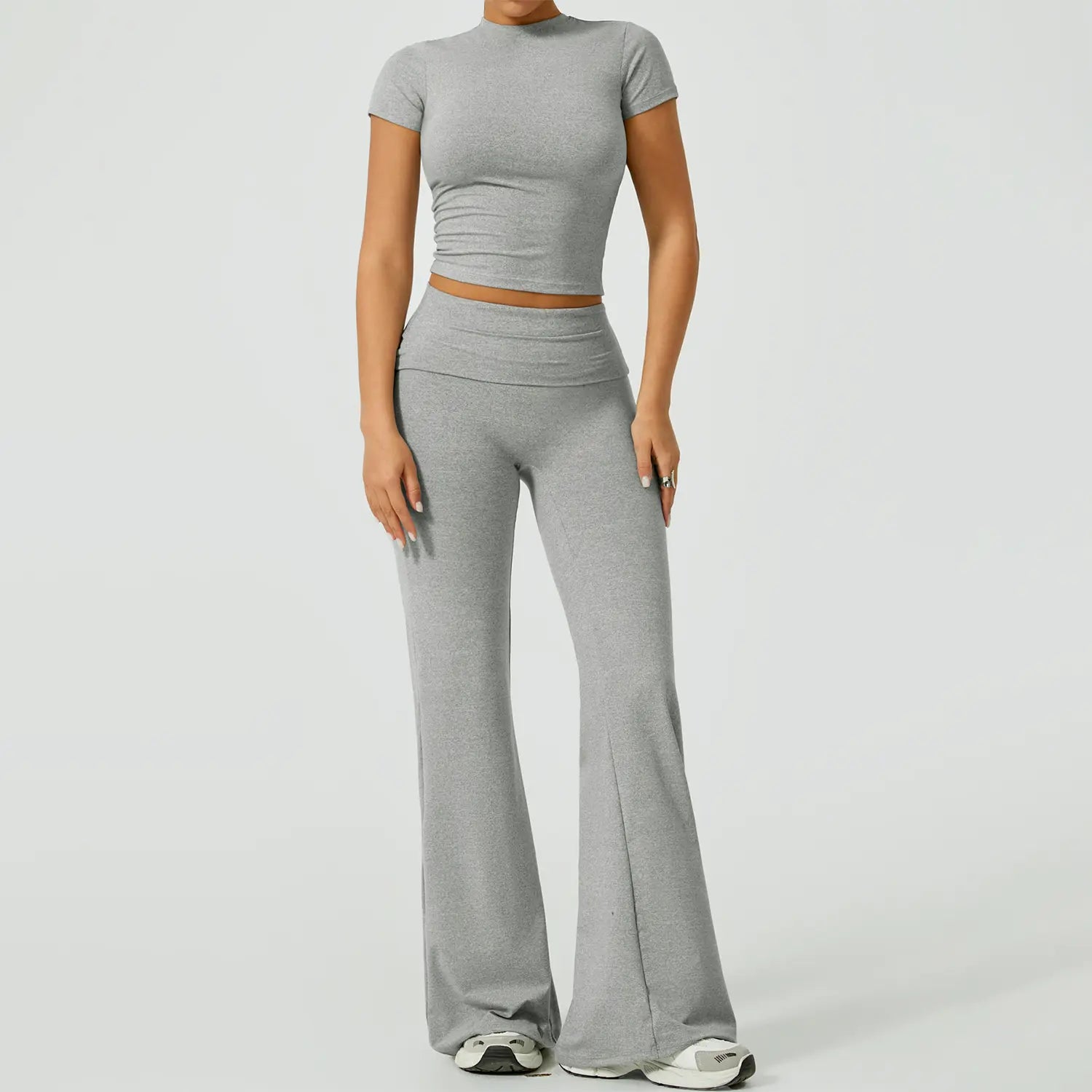 TIMEOFF Women's 2-Piece Matching Sets for Women - Short-Sleeve Crop Top & High-Waist Flared Leggings Sweat Suit, Waist-Cinching, Body-Shaping, Leg Line-Trimming, Flexible Fit for Yoga, Gym
