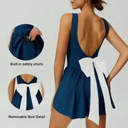 TIMEOFF Women's Sleeveless Athletic Jumpsuit, Stretchy Fit Activewear with Flared Leg, Deep V-Back, Smocked Waist & Removable Bow