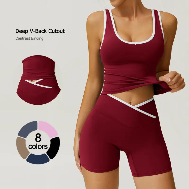 TimeOFF Color-Blocked Halter Crop Tube Top & Mid-Rise Shorts Set, Deep V-Back Cutout & Contrast Binding, Solves Stylish Support & Flattering Fit Need for Yoga, Fitness Classes & Active Lifestyle Scenarios,comfort sweat set,loungesetwomen,sweatsuits women,