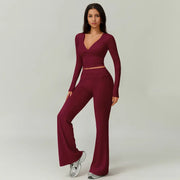 TIMEOFF Women's 2-Piece High Stretch Sporty Activewear Set - Long Sleeve Plunging V-Neck Top, Flipped Waist High-Waist Flared Leggings - Gymswear, Fitness Sport Outfits, Athleisure Wear Set for Yoga, Running, 2 Piece Sets, Workout Sets For Women