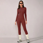 TIMEOFF Women's Long-Sleeve Fleece-Lined Mock-Neck Zip-Up Jumpsuit, Stretchy Body-Sculpting Workout Gym Clothing for Winter Yoga