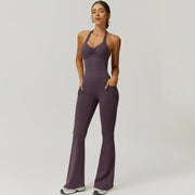 TimeOFF Women's Halter Neck Jumpsuit , Folded Chest, Flared Legs, Butt-Lifting Design , Yoga, Gym & Outdoor Activewear Fitness Outfits Workout Apparel, Solid Color Jumpsuit, Sportswear Jumpsuits