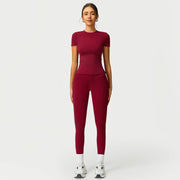 TIMEOFF Women's 2-Piece Sets Gym Workout Set - Sporty Round Neck Quick-Dry Snug Compression Cherry Print Tee, High Waisted Athletic Leggings with Extended Hemline, Breathable Sportswear for Yoga, Gym, Workout Sets For Women