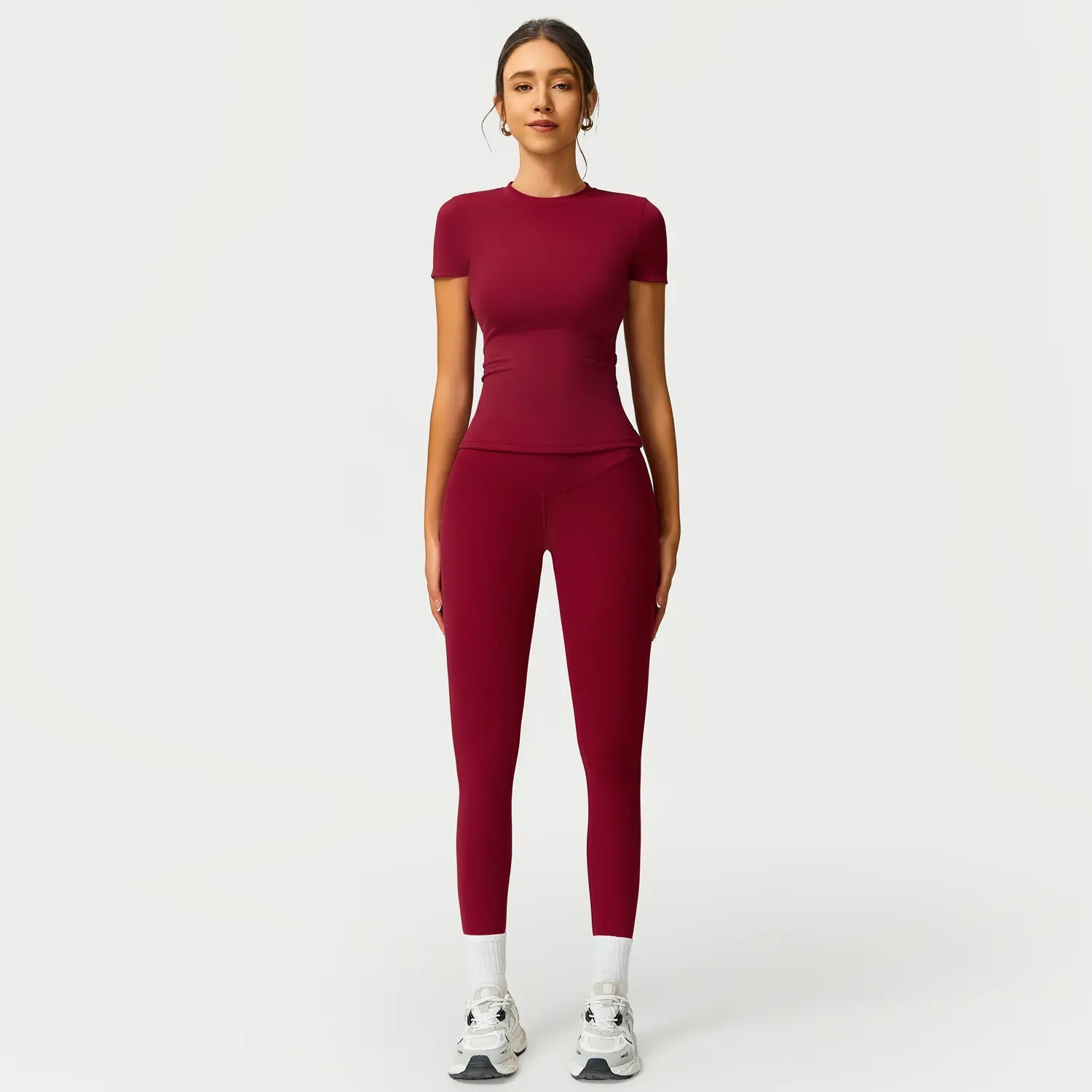 TIMEOFF Women's 2-Piece Sets Gym Workout Set - Sporty Round Neck Quick-Dry Snug Compression Cherry Print Tee, High Waisted Athletic Leggings with Extended Hemline, Breathable Sportswear for Yoga, Gym, Workout Sets For Women
