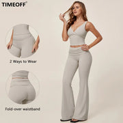 TIMEOFF Women's 2-Piece Yoga Outfits - V-Neck Sleeveless Wrap Crop Workout Top & Fold-Over Dual-Wear Waist Flare Pants, Soft 4-Way Flexible Stretch Fabric, Adjustable Fit Women's Clothes for Pilates, Gym, Set Active