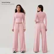 TIMEOFF Women's 2-Piece Stretchy Activewear Set - Long-Sleeve Crop Top & Wide-Leg Pants, Gym Outfit, Athletic Wear, Fitness Sport Outfits, Workout Sets for Women, Two Piece Set