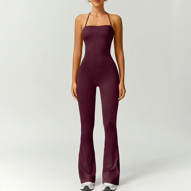 TIMEOFF Women's Halter Neck High Waist Butt Lifting Bodycon Flared Leg Yoga Jumpsuit - Stretchable Solid Color Athleisure Activewear, Trending Clothes for Women for Gym & Fashion Outfits (Athleisure Style, Solid Color Jumpsuit),summerwins