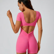 Mono Deportivo de Manga Corta con Espalda Abierta y Fruncido Trasero para Yoga y Entrenamiento