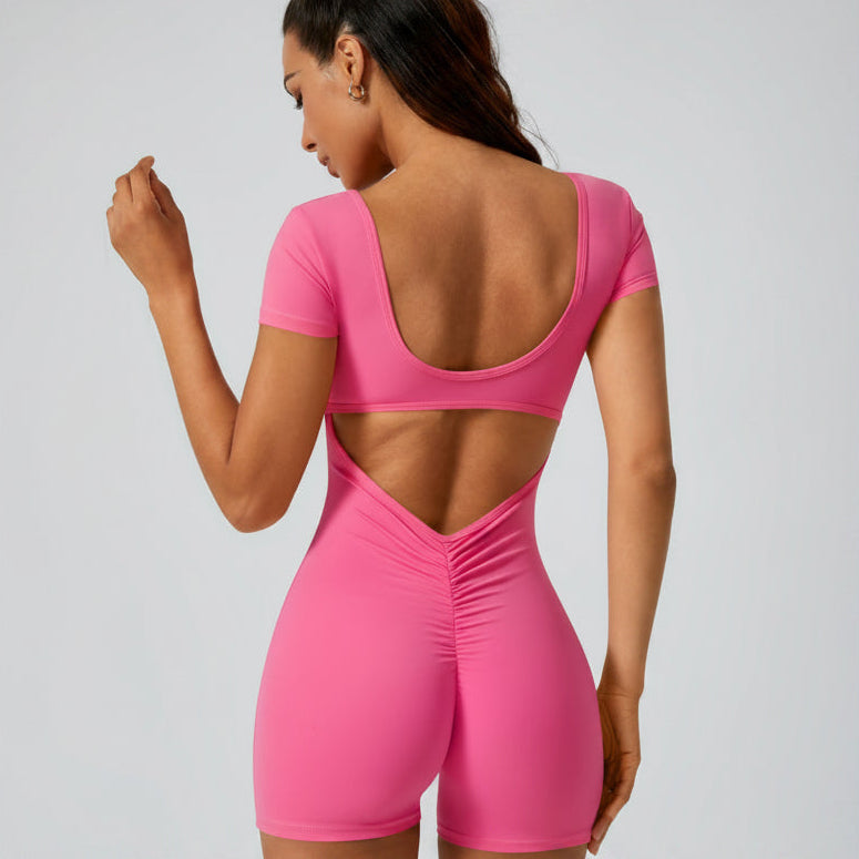 Mono Deportivo de Manga Corta con Espalda Abierta y Fruncido Trasero para Yoga y Entrenamiento