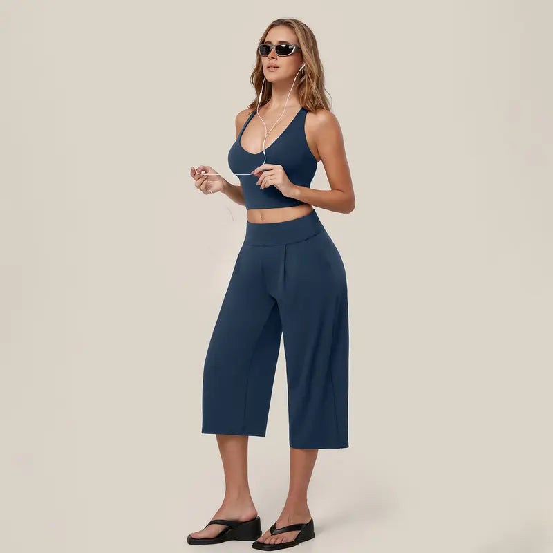TIMEOFF Women's 2 Piece Active Outfit, Crisscross Back V-Neck Crop Sports Bra & High Waist Pocket Culottes, Soft Stretchy Fabric, Convenient Storage for Yoga, Workout & Daily Casual Streetwear summerwins