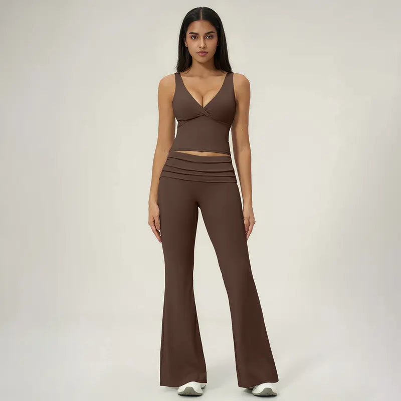 TIMEOFF Women's 2-Piece Yoga Outfits - V-Neck Sleeveless Wrap Crop Workout Top & Fold-Over Dual-Wear Waist Flare Pants, Soft 4-Way Flexible Stretch Fabric, Adjustable Fit Women's Clothes for Pilates, Gym, Set Active